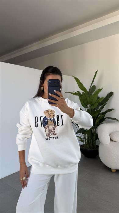 Ekru Ayıcık Desenli Sweatshirt