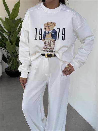 Ekru Ayıcık Desenli Sweatshirt