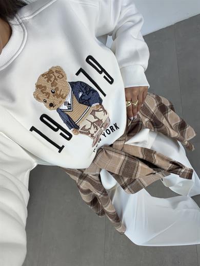 Ekru Ayıcık Desenli Sweatshirt