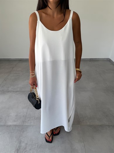 Ekru Ayrobin Maxi Boy Tela Askılı Elbise
