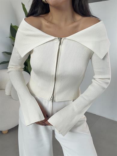 Ekru Bardot Yaka Kol Yırtmaç Detaylı Fermuarlı Triko