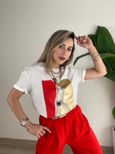 Ekru Baskılı Kısa Kollu Tshirt