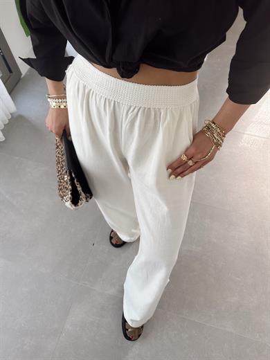 Ekru Beli Lastikli Bol Paça Pantolon