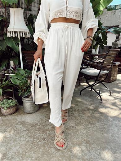 Ekru Beli Lastikli Keten Pantolon