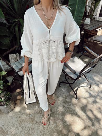 Ekru Beli Lastikli Keten Pantolon