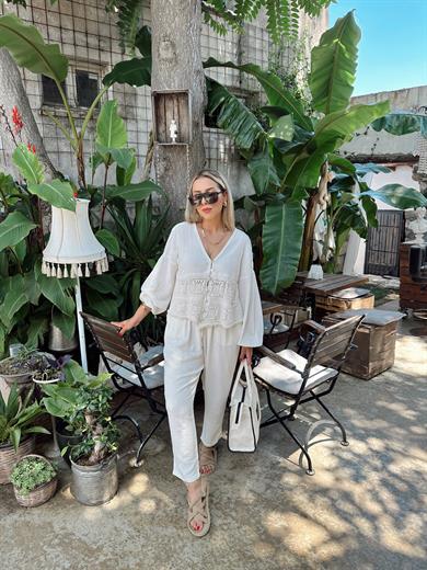 Ekru Beli Lastikli Keten Pantolon