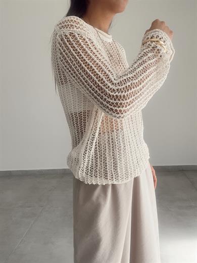 Ekru Bisiklet Yaka Ajurlu Transparan Kazak