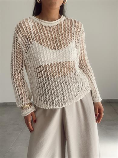 Ekru Bisiklet Yaka Ajurlu Transparan Kazak