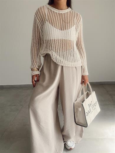 Ekru Bisiklet Yaka Ajurlu Transparan Kazak