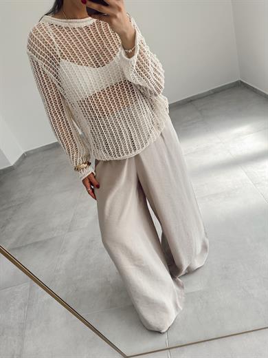 Ekru Bisiklet Yaka Ajurlu Transparan Kazak