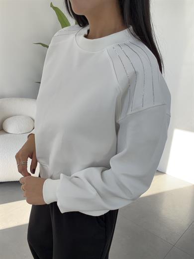 Ekru Bisiklet Yaka Omuz Taş Detaylı Sweat