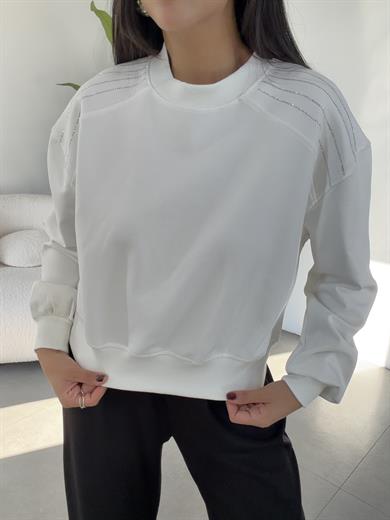 Ekru Bisiklet Yaka Omuz Taş Detaylı Sweat