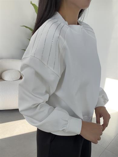 Ekru Bisiklet Yaka Omuz Taş Detaylı Sweat