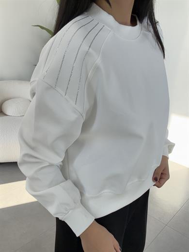 Ekru Bisiklet Yaka Omuz Taş Detaylı Sweat