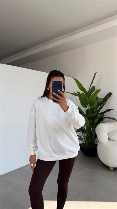 Ekru Bisiklet Yaka Oversize Sweat