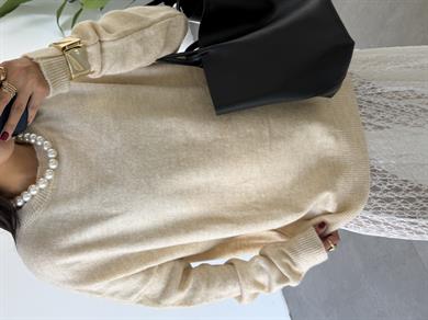 Ekru Bisiklet Yaka Salaş Triko Kazak