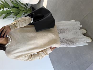 Ekru Bisiklet Yaka Salaş Triko Kazak