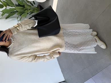 Ekru Bisiklet Yaka Salaş Triko Kazak