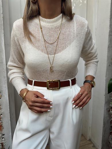 Ekru Bisiklet Yaka Triko Kazak