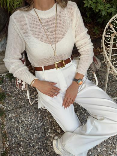 Ekru Bisiklet Yaka Triko Kazak