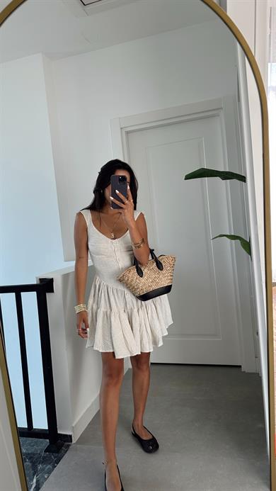 Ekru Bohem Düğme Detaylı Şort Tulum