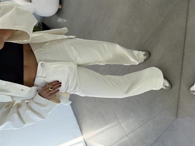 Ekru Bol Paça Denim Pantolon