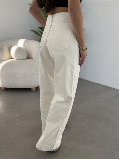 Ekru Bol Paça Denim Pantolon