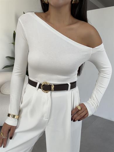 Ekru Buzy Kayık Yaka Tek Omuz Uzun Kol Bady