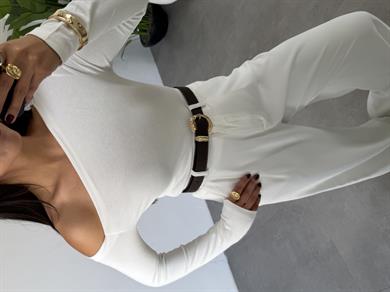 Ekru Buzy Kayık Yaka Tek Omuz Uzun Kol Bady