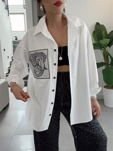 Ekru Cep Fil Nakış Detaylı Gömlek