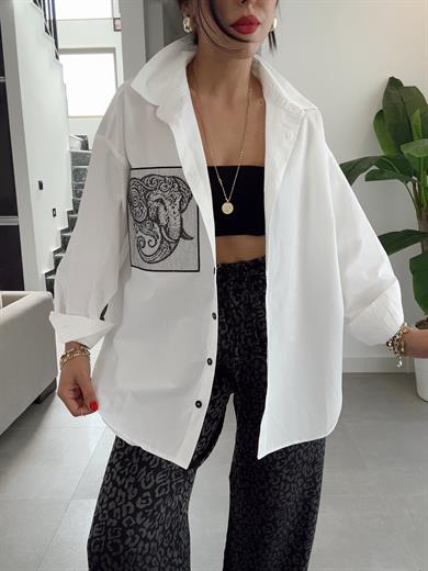 Ekru Cep Fil Nakış Detaylı Gömlek