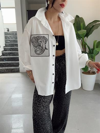 Ekru Cep Fil Nakış Detaylı Gömlek