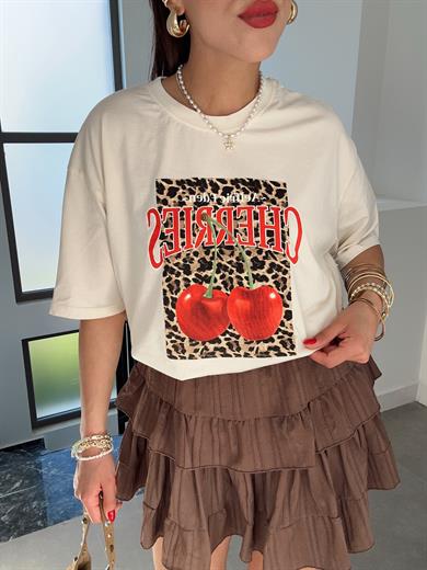 Ekru Cherries Baskı Tişört