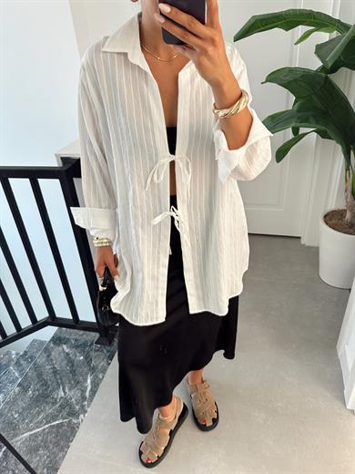 Ekru Çift Bağlamalı Pareo Gömlek