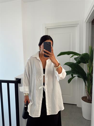 Ekru Çift Bağlamalı Pareo Gömlek