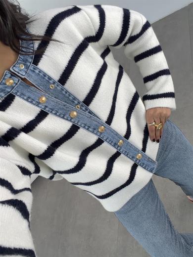 Ekru Çizgili Kotlu Triko Hırka