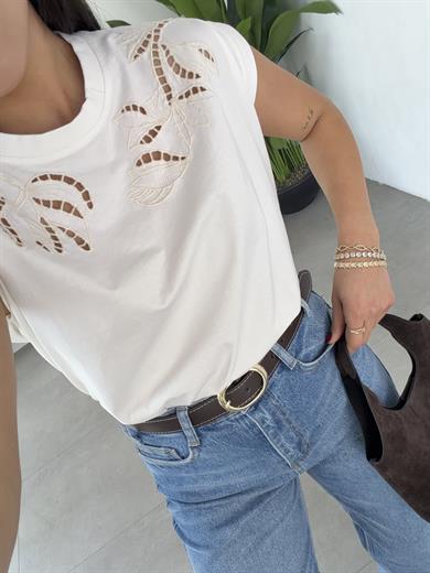 Ekru Cutwork Nakış Detaylı Tshirt