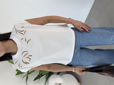 Ekru Cutwork Nakış Detaylı Tshirt