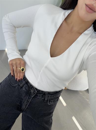 Ekru Derin V Yaka Bluz