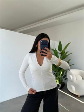 Ekru Derin V Yaka Bluz