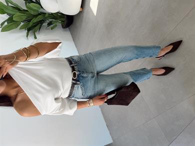 Ekru Drape Detaylı Asimetrik Bluz