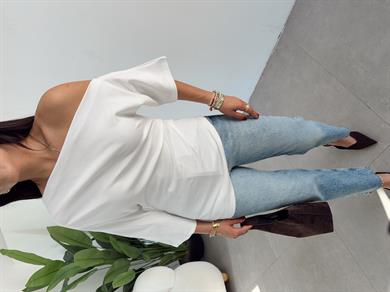 Ekru Drape Detaylı Asimetrik Bluz