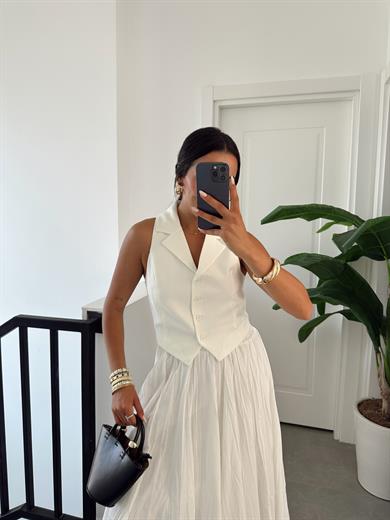 Ekru Düğmeli Dokuma Yelek