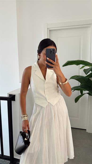 Ekru Düğmeli Dokuma Yelek