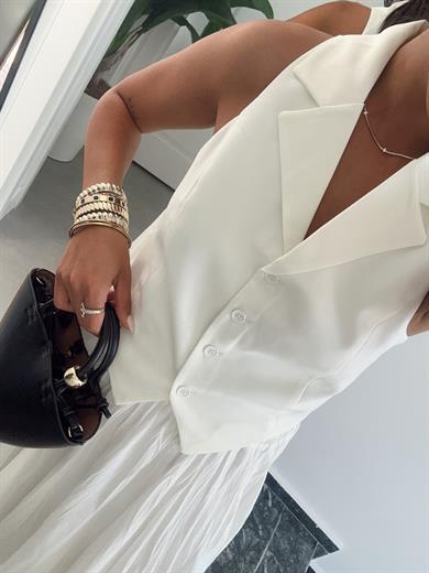 Ekru Düğmeli Dokuma Yelek