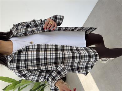 Ekru Ekose Pamuk Oversize Gömlek