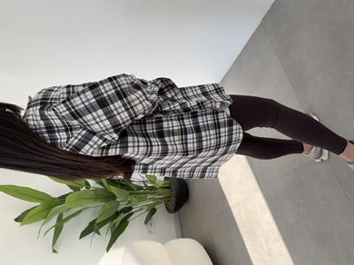 Ekru Ekose Pamuk Oversize Gömlek