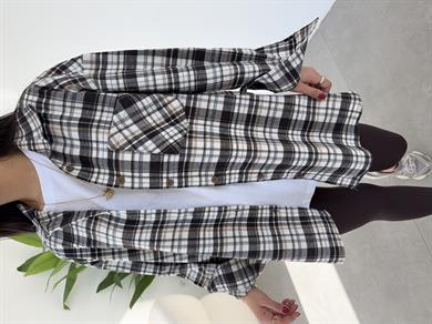 Ekru Ekose Pamuk Oversize Gömlek