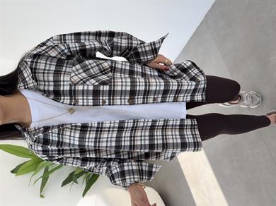 Ekru Ekose Pamuk Oversize Gömlek