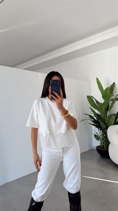 Ekru Eteği Tül Garnili Tshirt